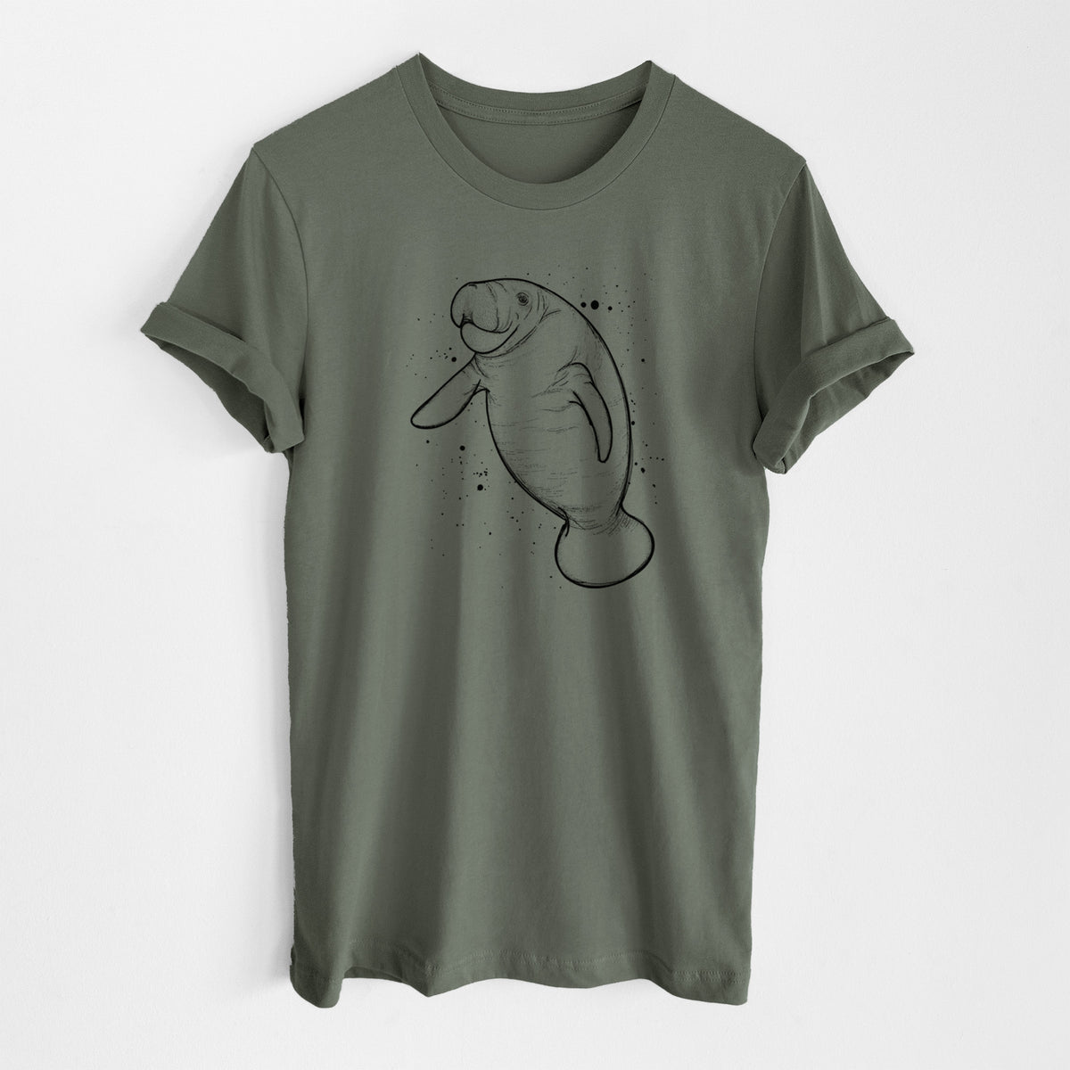 Military green lightweight cotton t-shirt laid flat, printed with a black ink line drawing of a manatee swimming, with ink splatters.