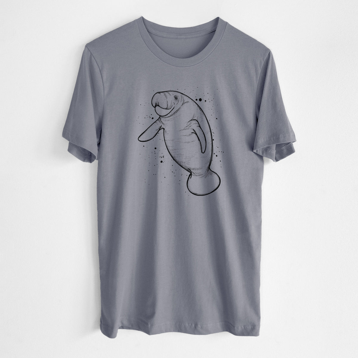 Storm grey lightweight cotton t-shirt laid flat, printed with a black ink line drawing of a manatee swimming, with ink splatters.