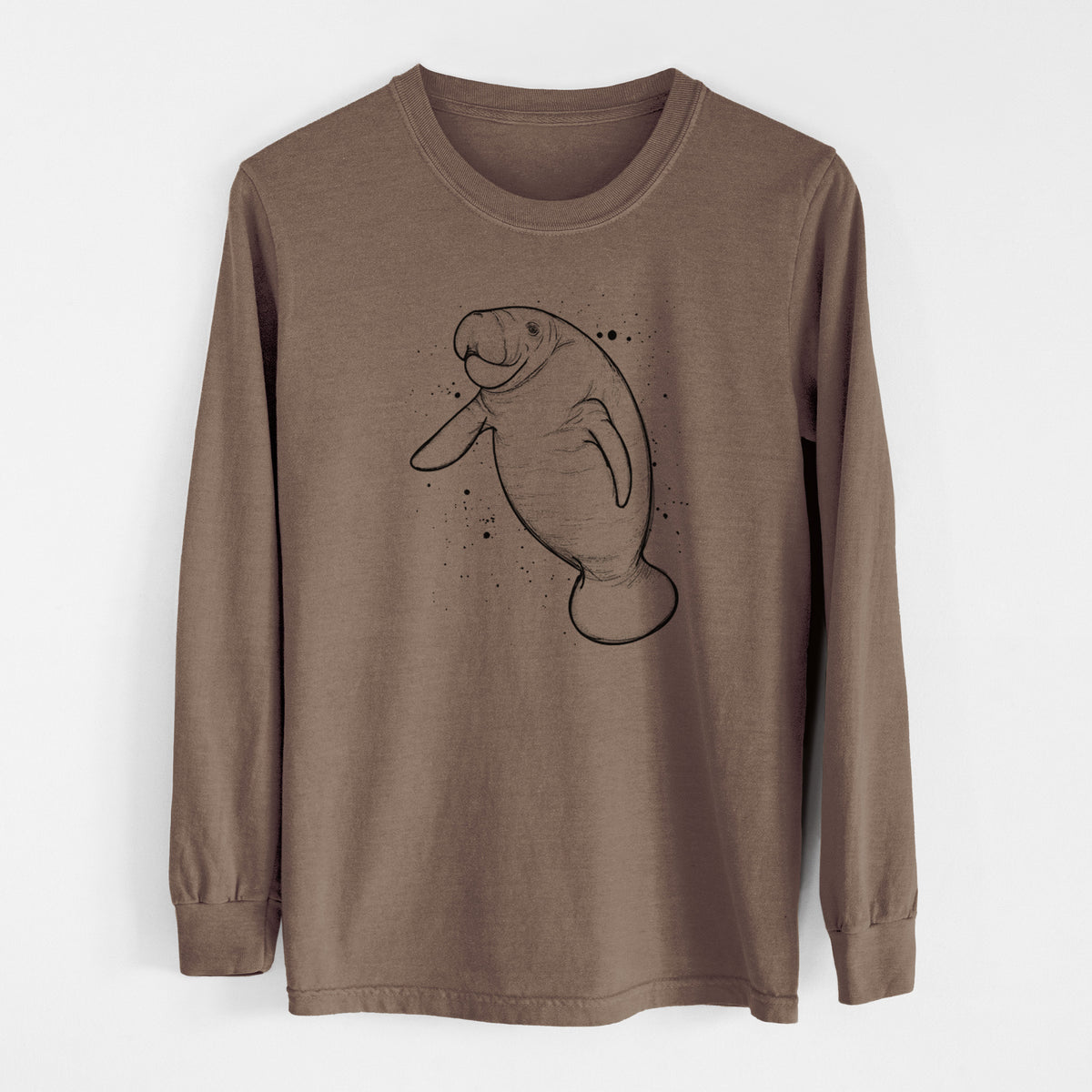 Espresso brown Comfort Colors long sleeve shirt laid flat, printed with a black ink line drawing of a manatee swimming, with ink splatters.