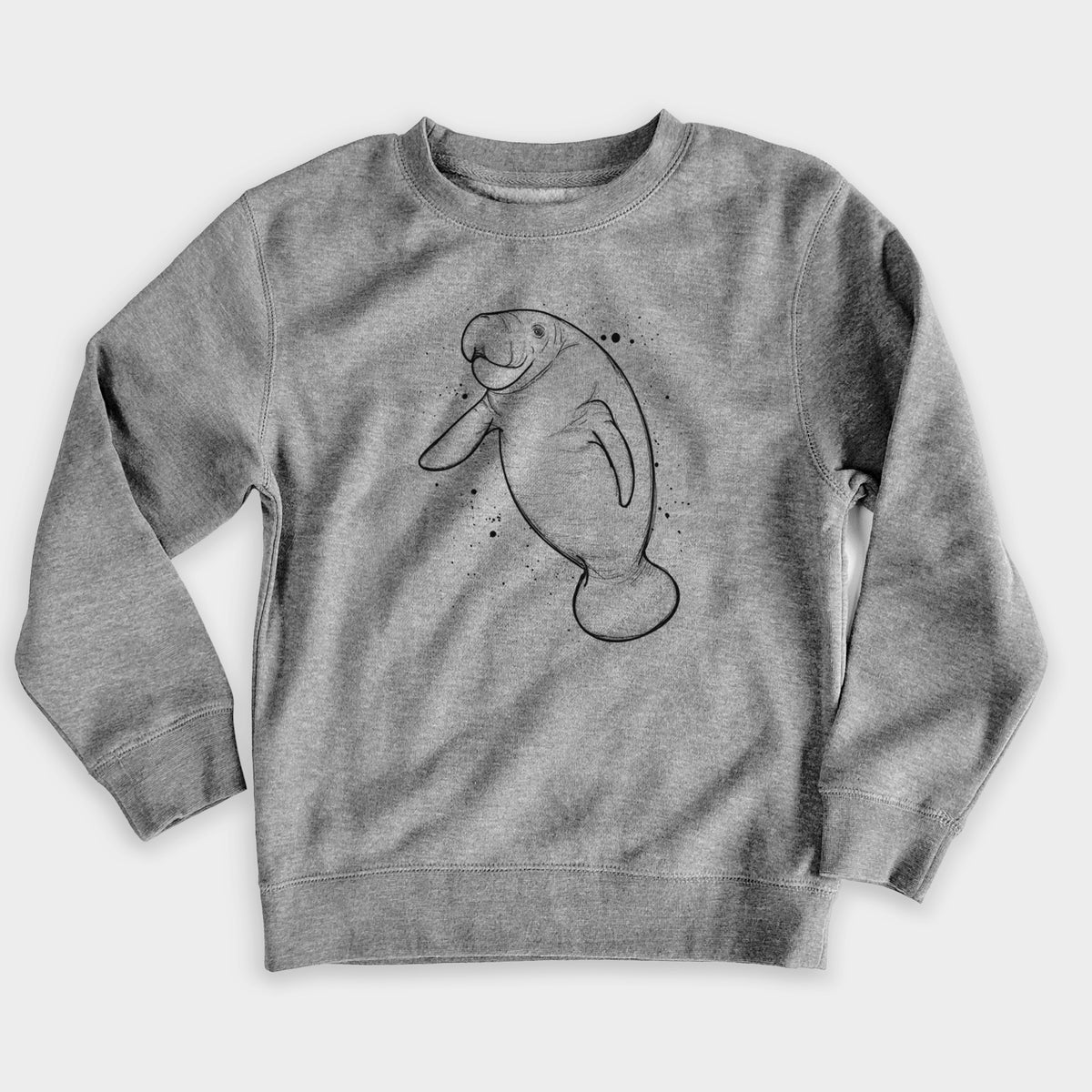 Nickel grey youth crewneck sweatshirt laid flat, printed with a black ink line drawing of a manatee swimming, with ink splatters.