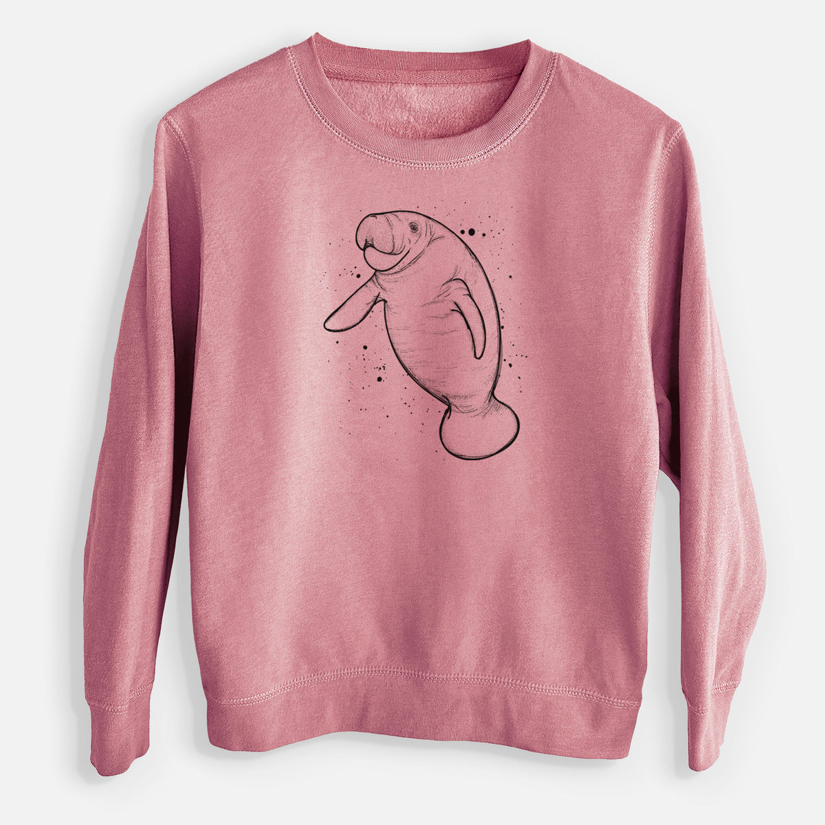 Mauve pink youth crewneck sweatshirt laid flat, printed with a black ink line drawing of a manatee swimming, with ink splatters.