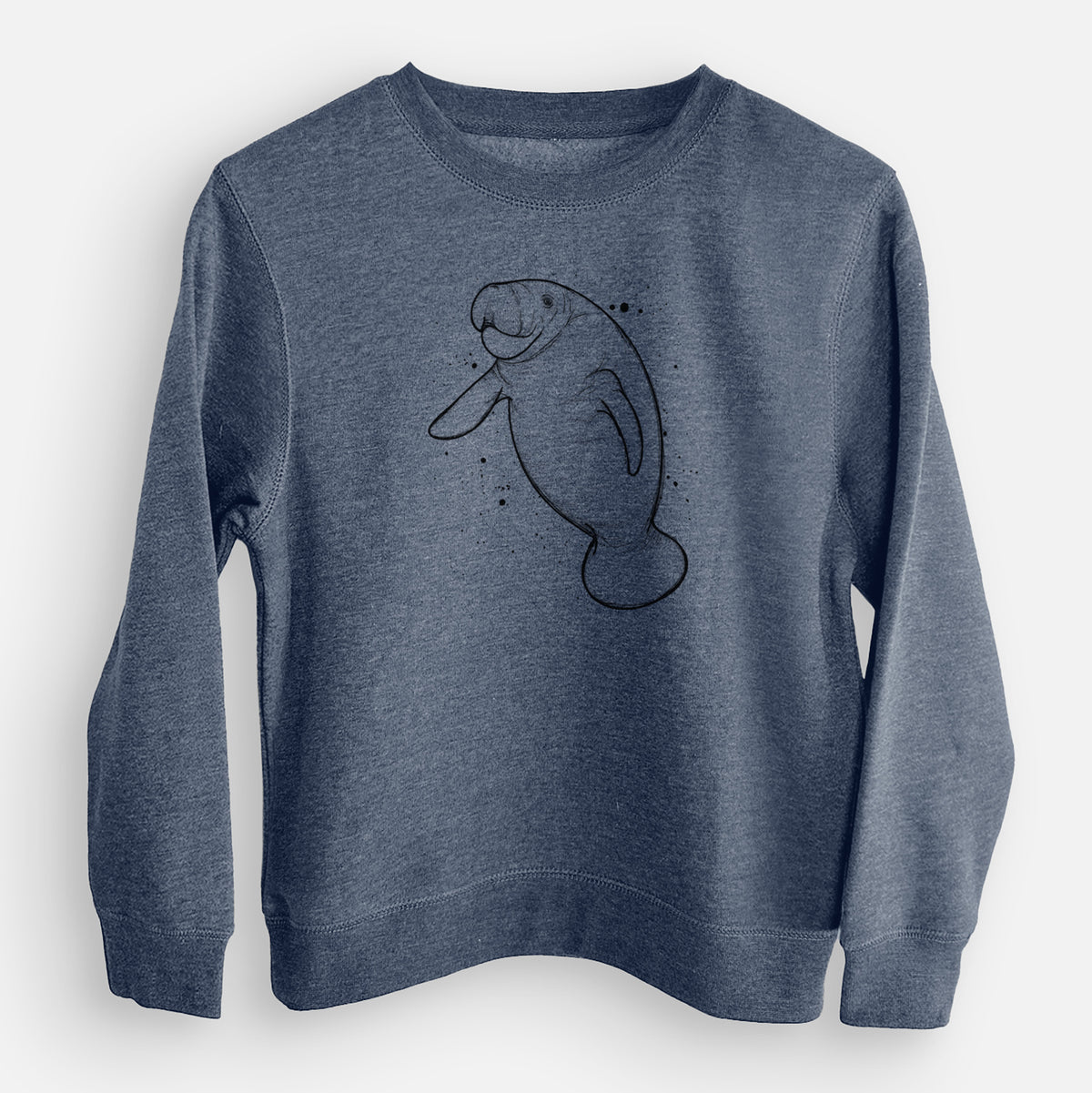 Storm blue youth crewneck sweatshirt laid flat, printed with a black ink line drawing of a manatee swimming, with ink splatters.
