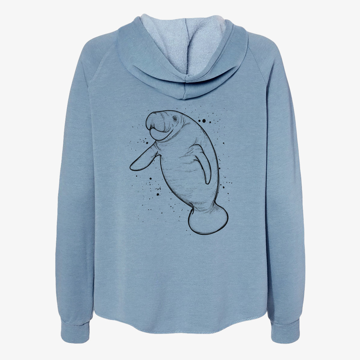 Misty blue women's Cali Wave zip-up sweatshirt laid flat, printed with a black ink line drawing of a manatee swimming, with ink splatters.