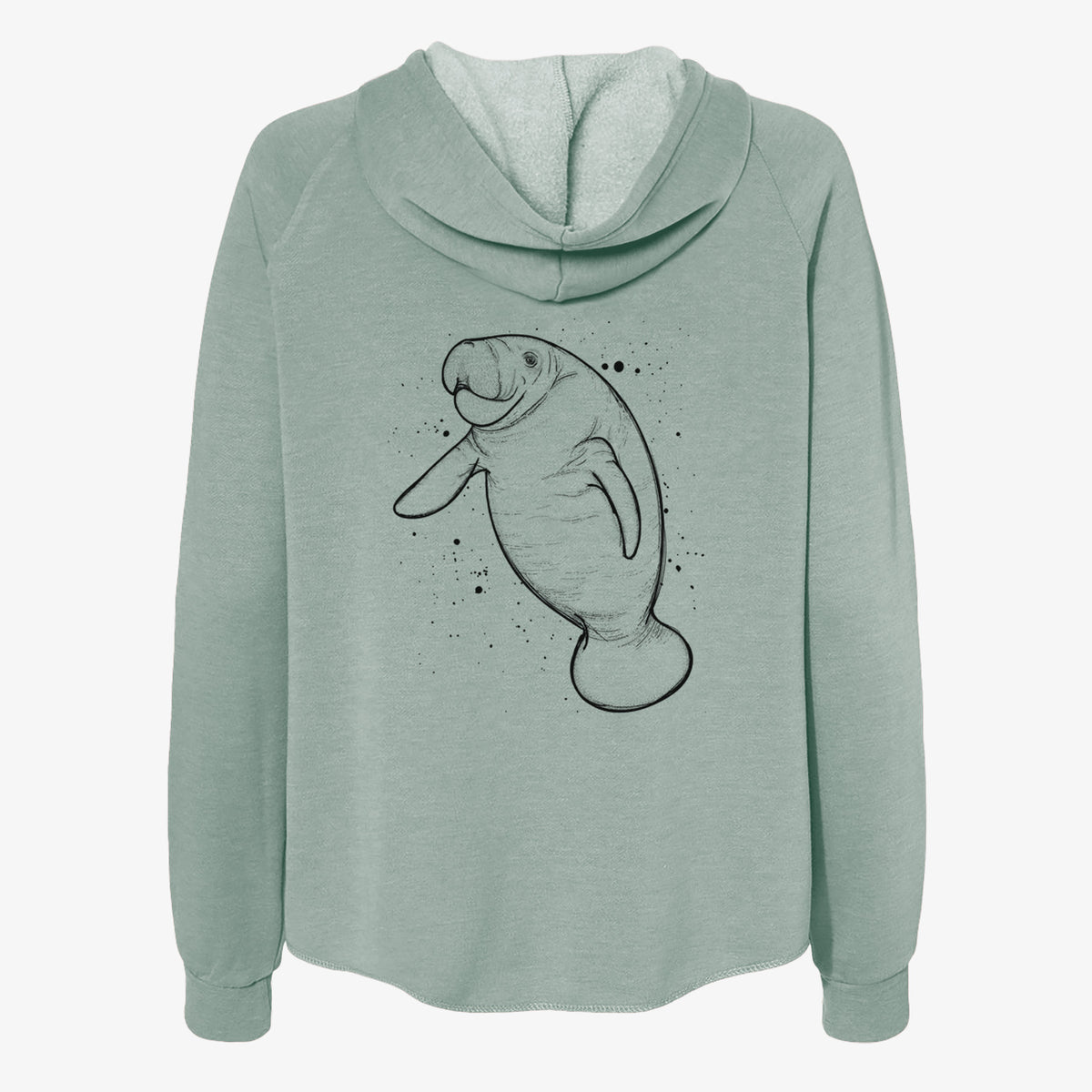 Sage green women's Cali Wave zip-up sweatshirt laid flat, printed with a black ink line drawing of a manatee swimming, with ink splatters.