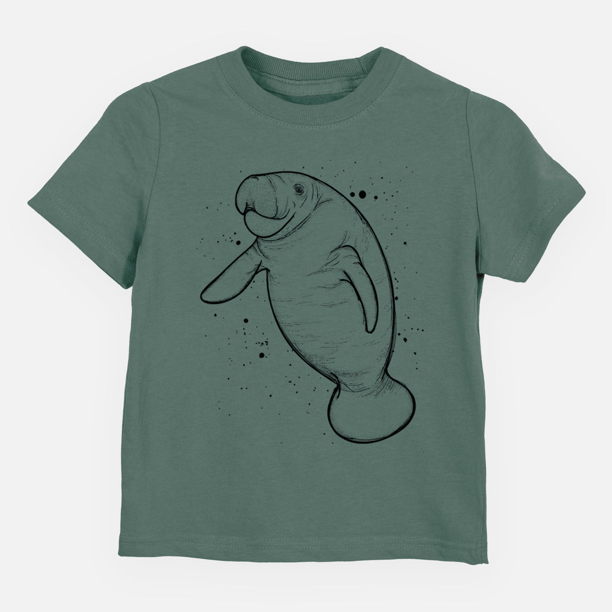 Basil green toddler t-shirt laid flat, printed with a black ink line drawing of a manatee swimming, with ink splatters.