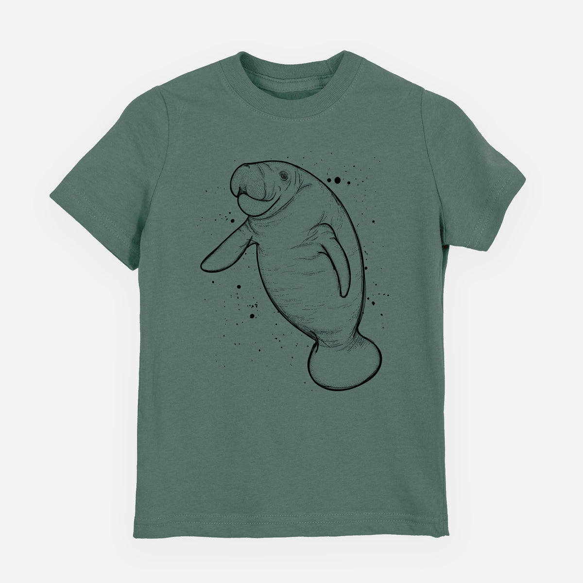 Basil green youth t-shirt laid flat, printed with a black ink line drawing of a manatee swimming, with ink splatters.