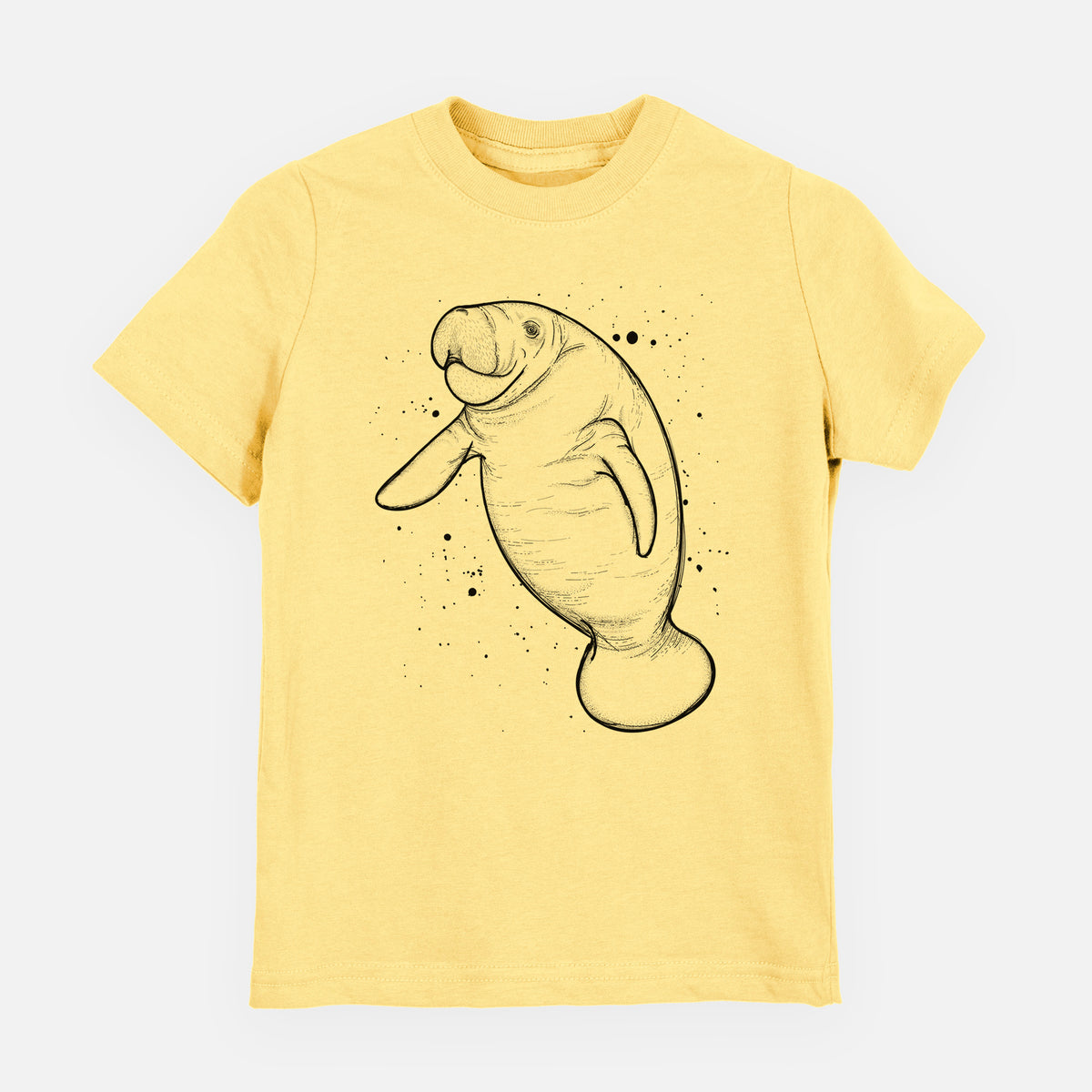 Butter yellow youth t-shirt laid flat, printed with a black ink line drawing of a manatee swimming, with ink splatters.