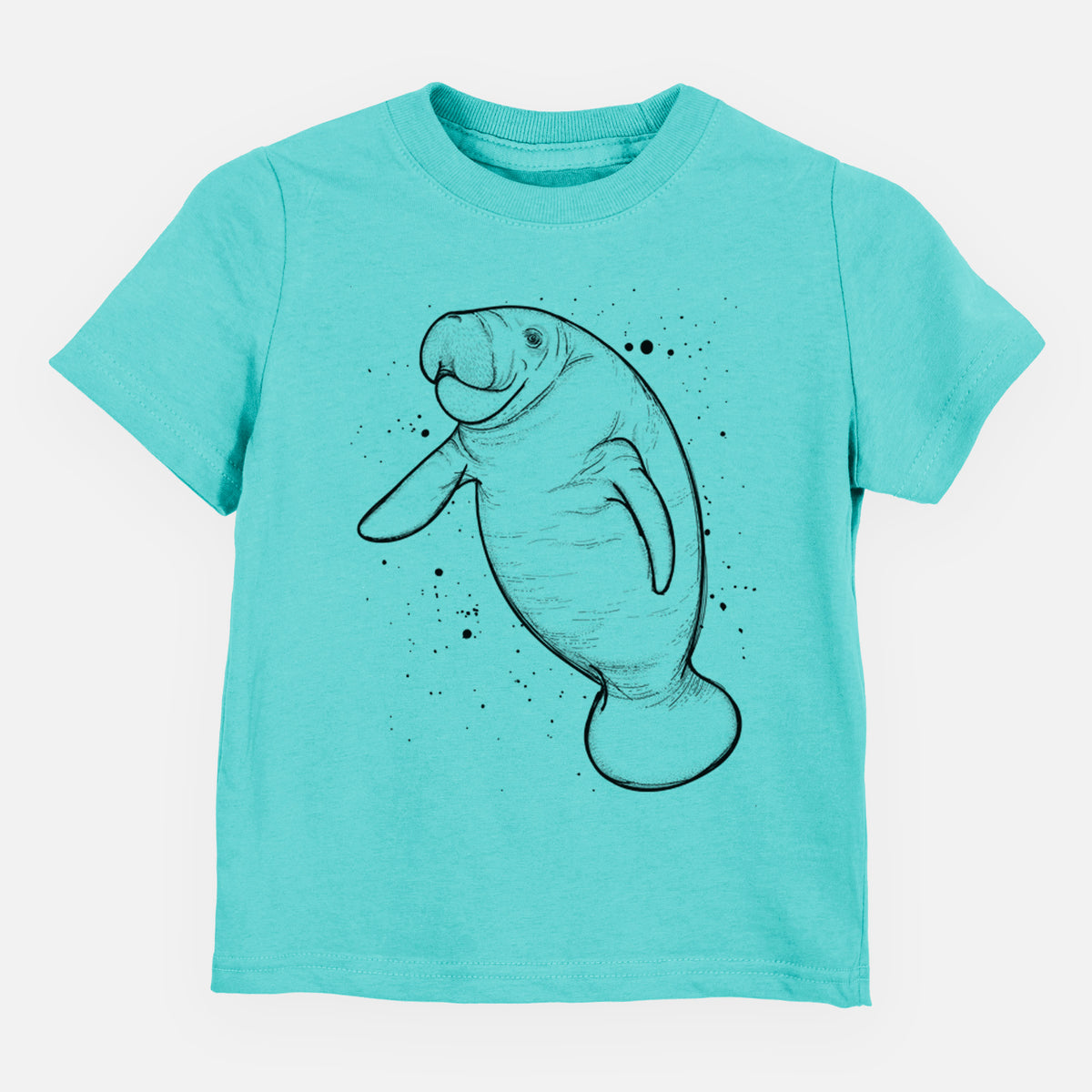 Caribbean blue toddler t-shirt laid flat, printed with a black ink line drawing of a manatee swimming, with ink splatters.