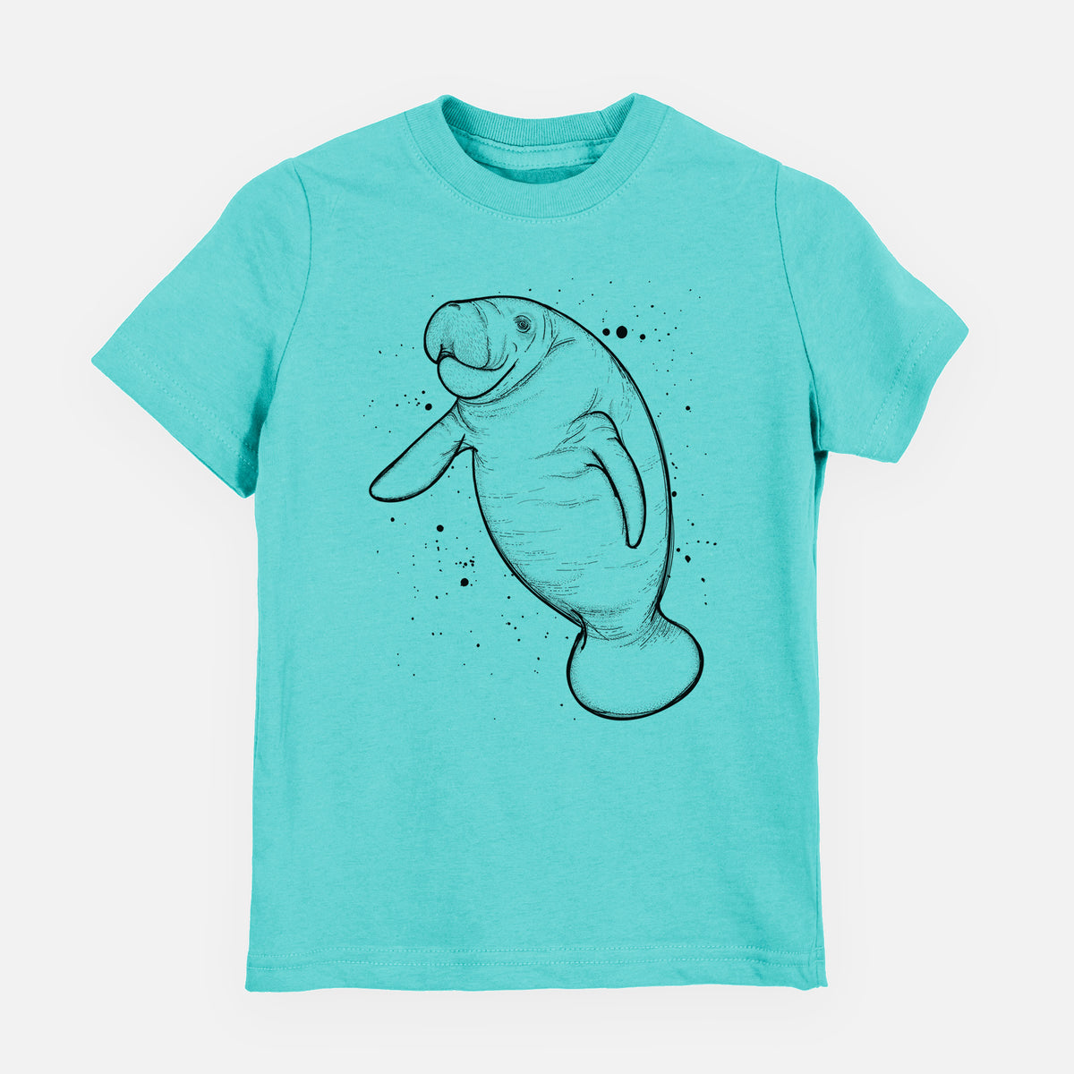 Caribbean blue youth t-shirt laid flat, printed with a black ink line drawing of a manatee swimming, with ink splatters.