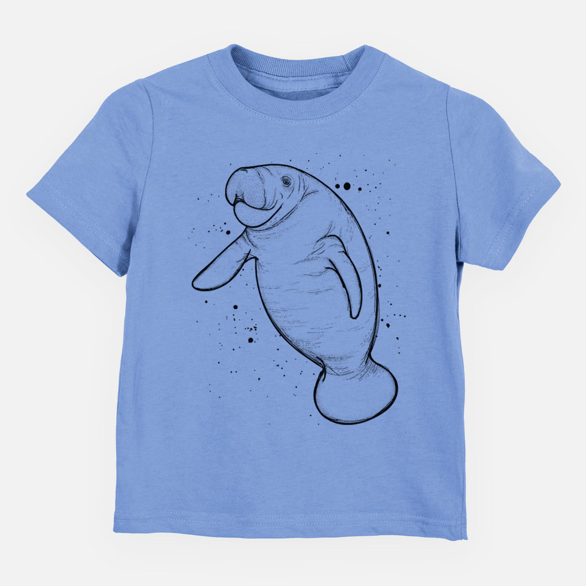 Carolina blue toddler t-shirt laid flat, printed with a black ink line drawing of a manatee swimming, with ink splatters.