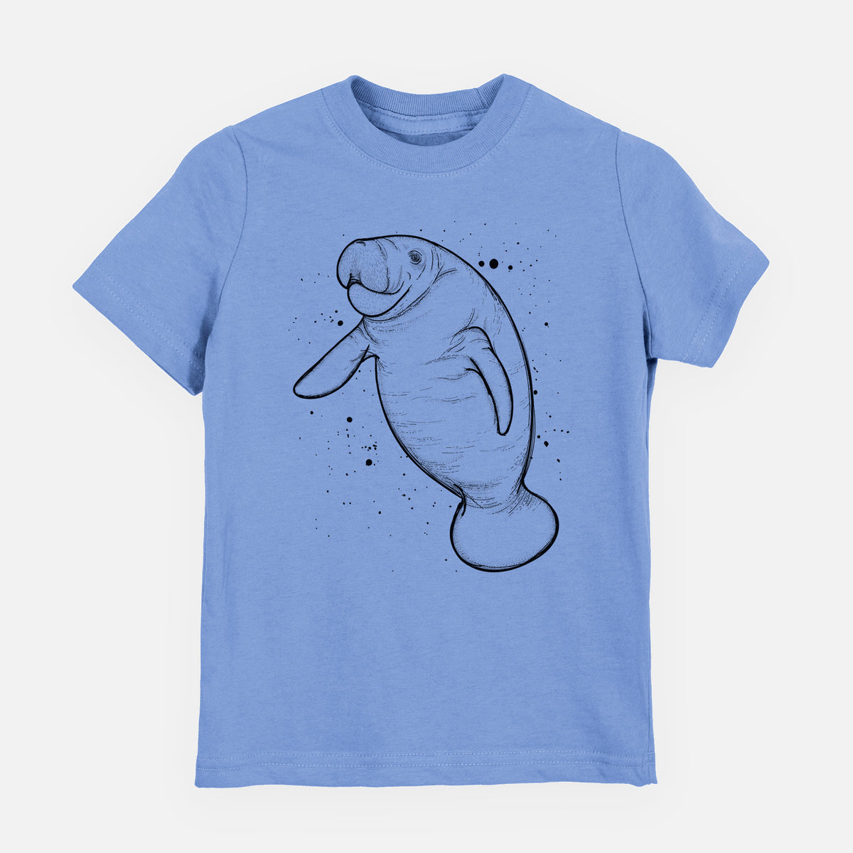Carolina blue youth t-shirt laid flat, printed with a black ink line drawing of a manatee swimming, with ink splatters.