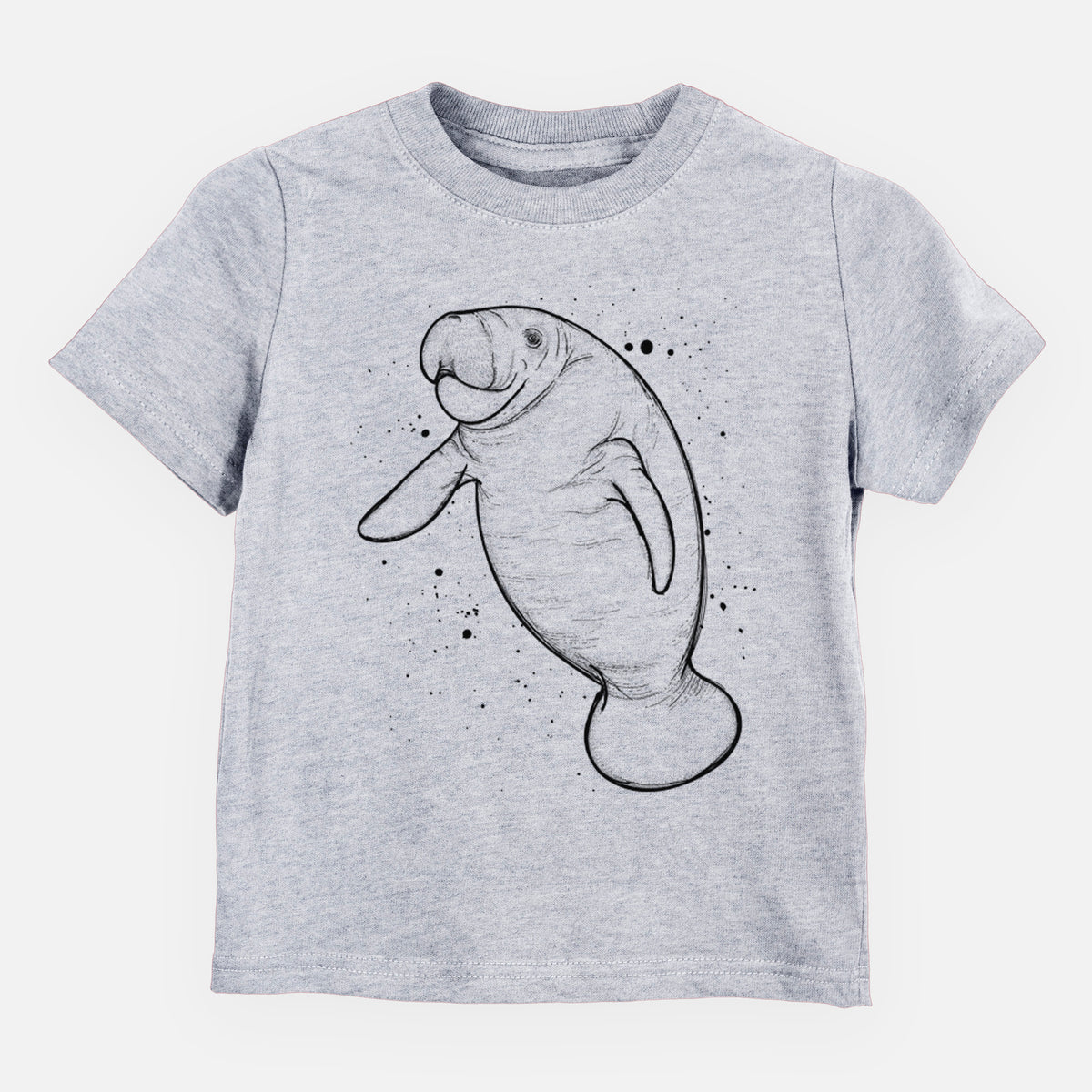 Heather grey toddler t-shirt laid flat, printed with a black ink line drawing of a manatee swimming, with ink splatters.