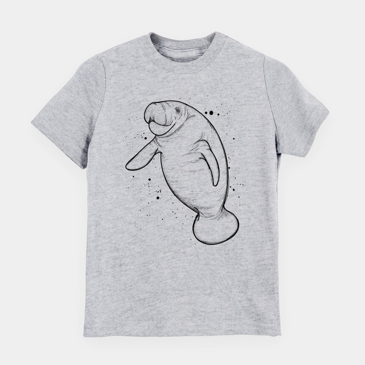 Heather grey youth t-shirt laid flat, printed with a black ink line drawing of a manatee swimming, with ink splatters.