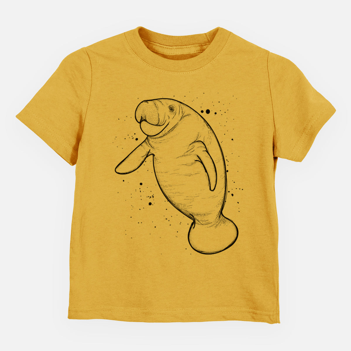 Honeycomb yellow toddler t-shirt laid flat, printed with a black ink line drawing of a manatee swimming, with ink splatters.