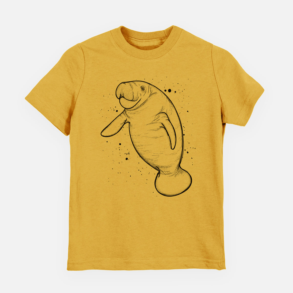 Honeycomb yellow youth t-shirt laid flat, printed with a black ink line drawing of a manatee swimming, with ink splatters.