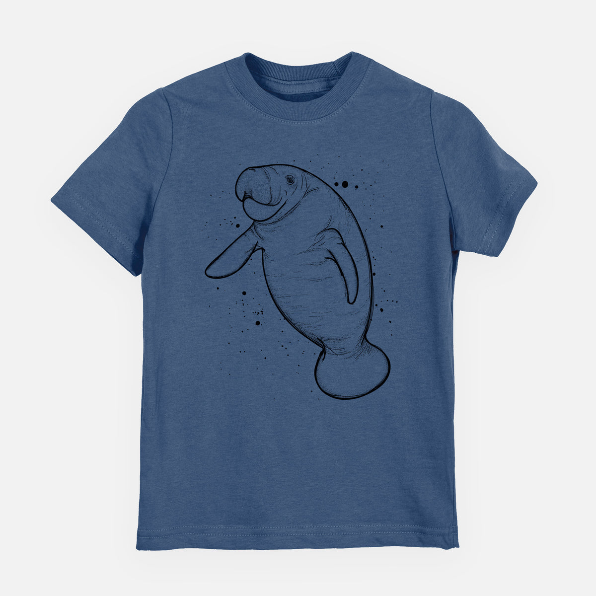 Indigo blue youth t-shirt laid flat, printed with a black ink line drawing of a manatee swimming, with ink splatters.
