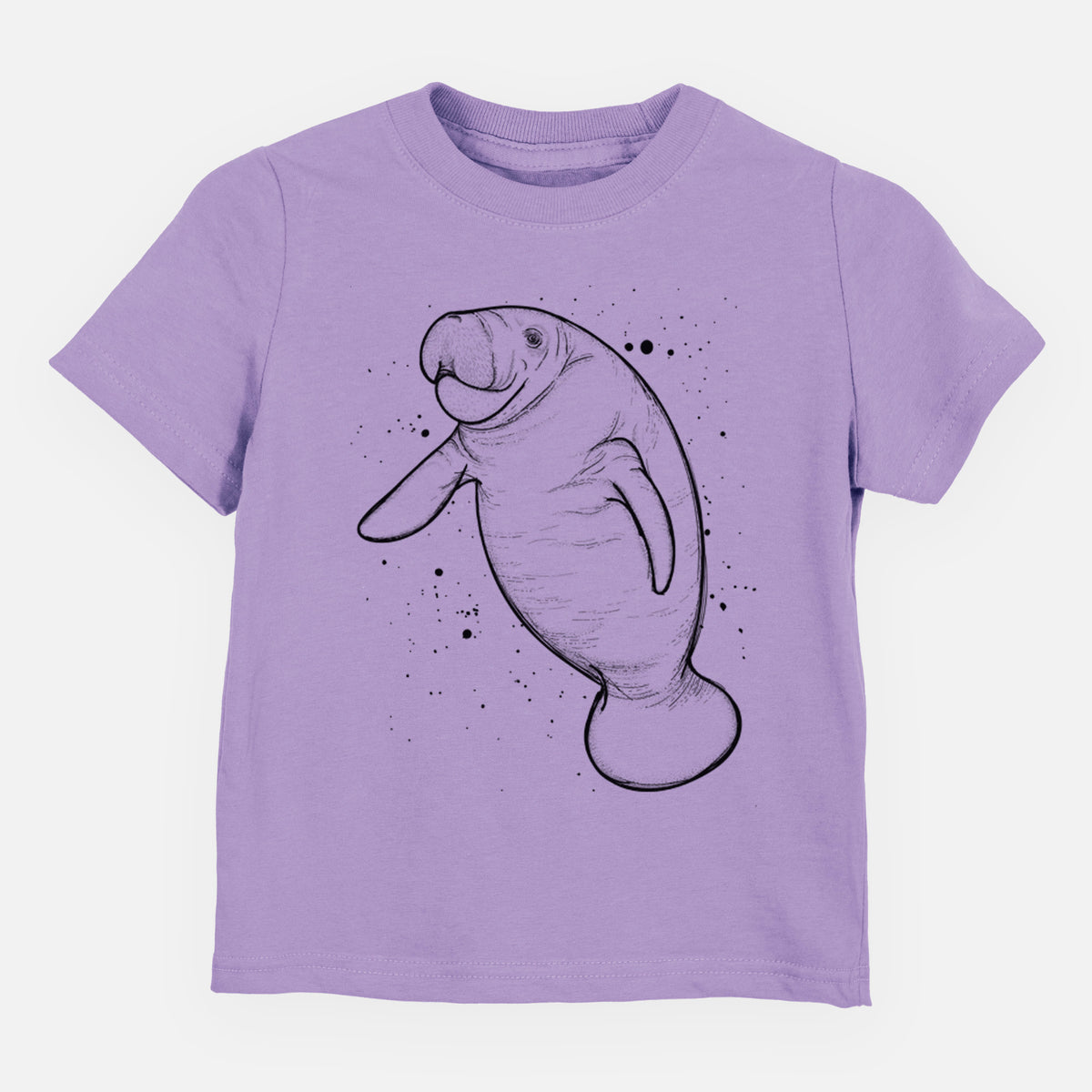 Lavender toddler t-shirt laid flat, printed with a black ink line drawing of a manatee swimming, with ink splatters.