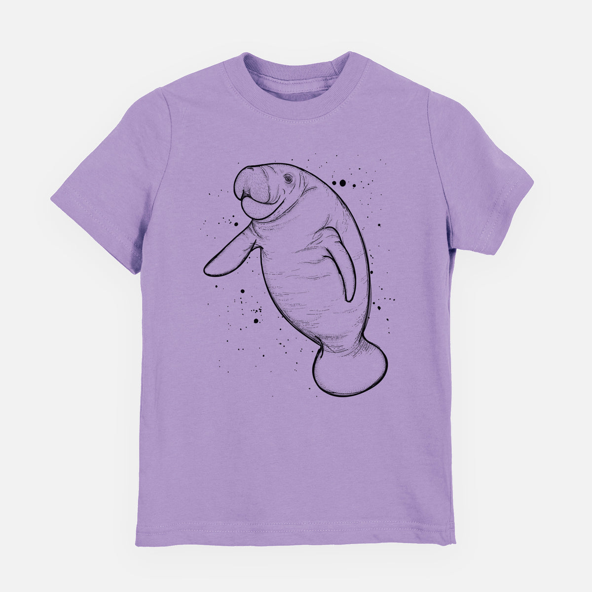 Lavender youth t-shirt laid flat, printed with a black ink line drawing of a manatee swimming, with ink splatters.