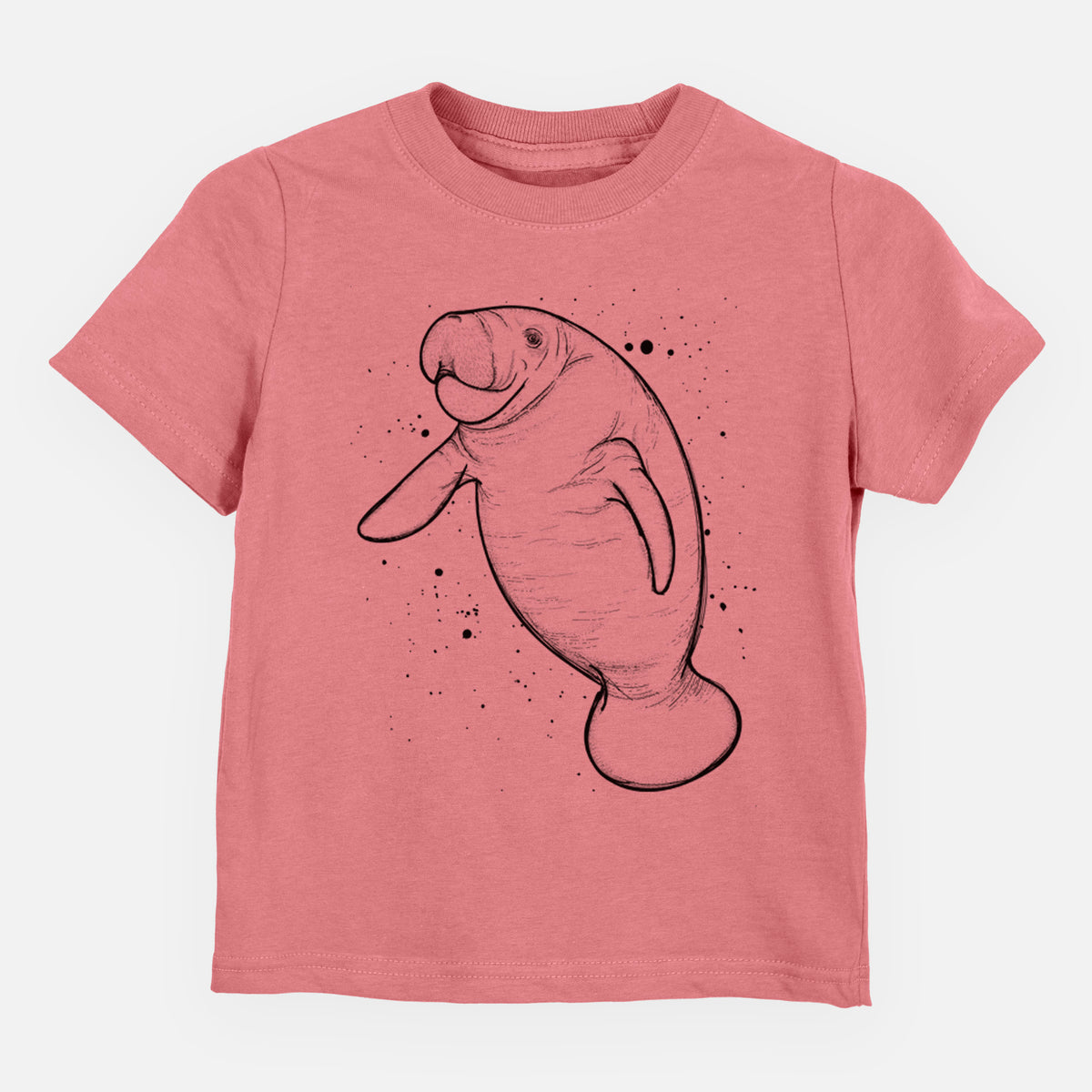 Mauve pink toddler t-shirt laid flat, printed with a black ink line drawing of a manatee swimming, with ink splatters.