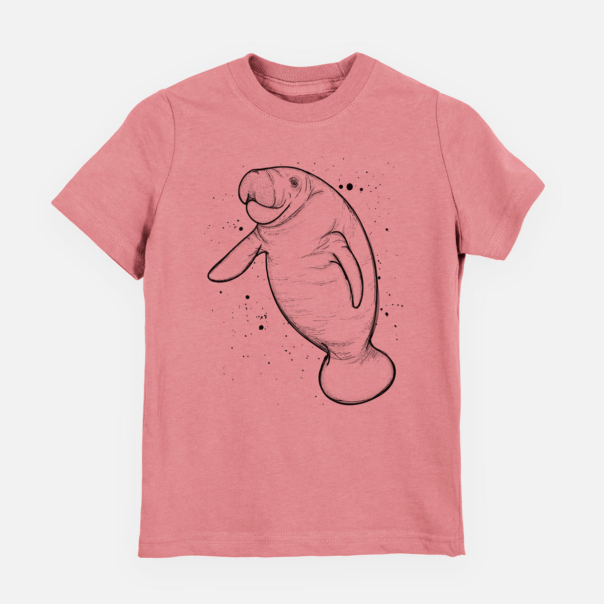 Mauve pink youth t-shirt laid flat, printed with a black ink line drawing of a manatee swimming, with ink splatters.