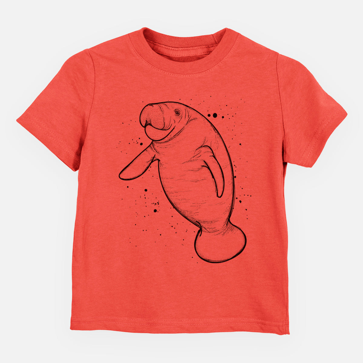 Passionfruit pink toddler t-shirt laid flat, printed with a black ink line drawing of a manatee swimming, with ink splatters.