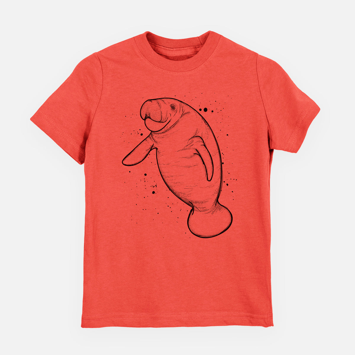 Passionfruit pink youth t-shirt laid flat, printed with a black ink line drawing of a manatee swimming, with ink splatters.