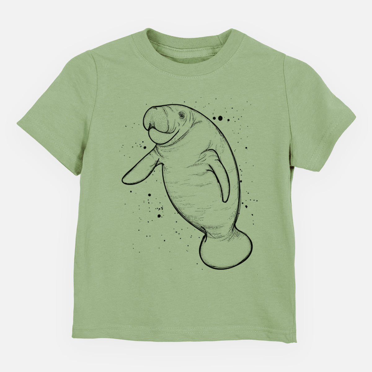 Sage green toddler t-shirt laid flat, printed with a black ink line drawing of a manatee swimming, with ink splatters.