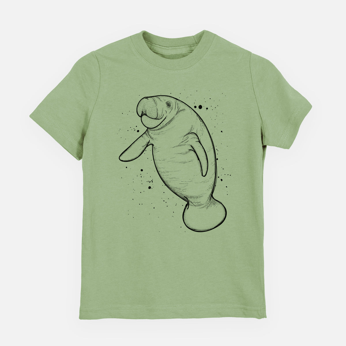 Sage green youth t-shirt laid flat, printed with a black ink line drawing of a manatee swimming, with ink splatters.