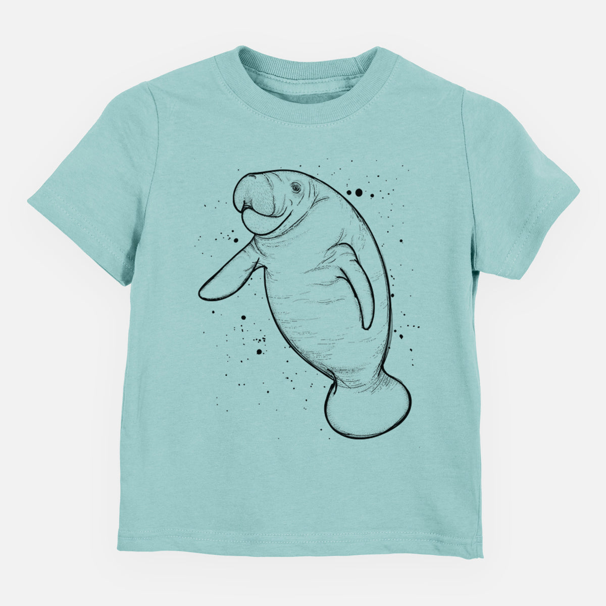 Saltwater toddler t-shirt laid flat, printed with a black ink line drawing of a manatee swimming, with ink splatters.