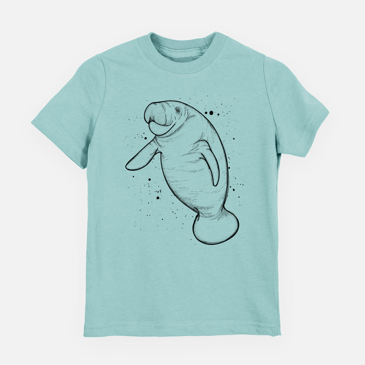 Saltwater youth t-shirt laid flat, printed with a black ink line drawing of a manatee swimming, with ink splatters.