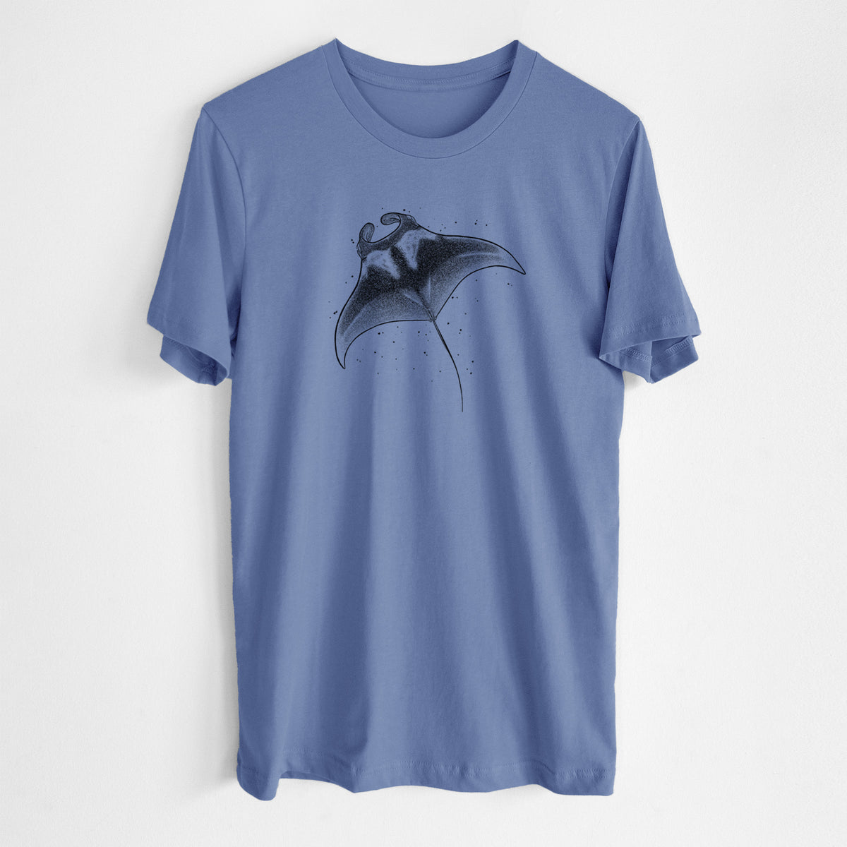 Blue bell lightweight cotton t-shirt laid flat, printed with a black ink illustration of a manta ray gliding.