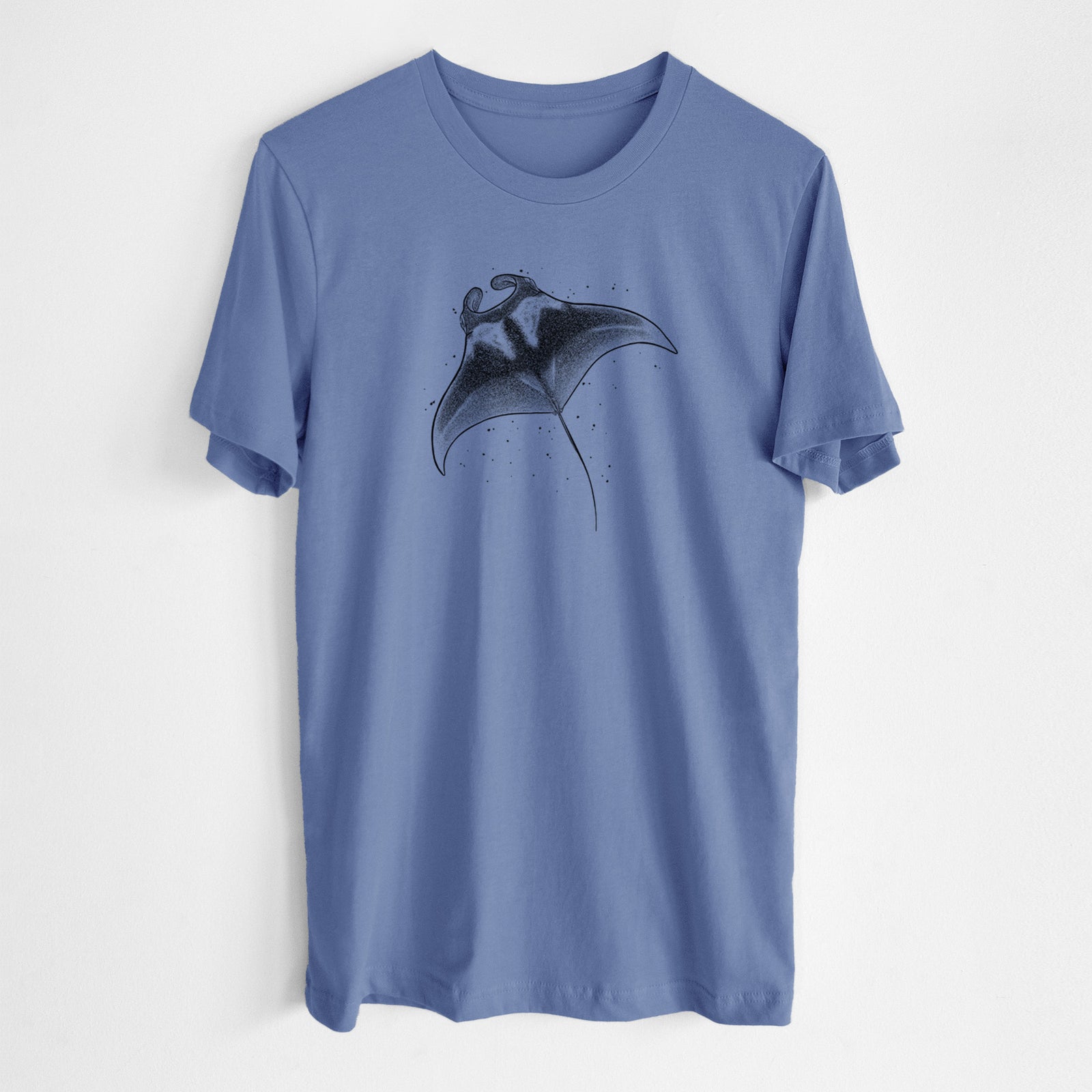 Blue bell lightweight cotton t-shirt laid flat, printed with a black ink illustration of a manta ray gliding.