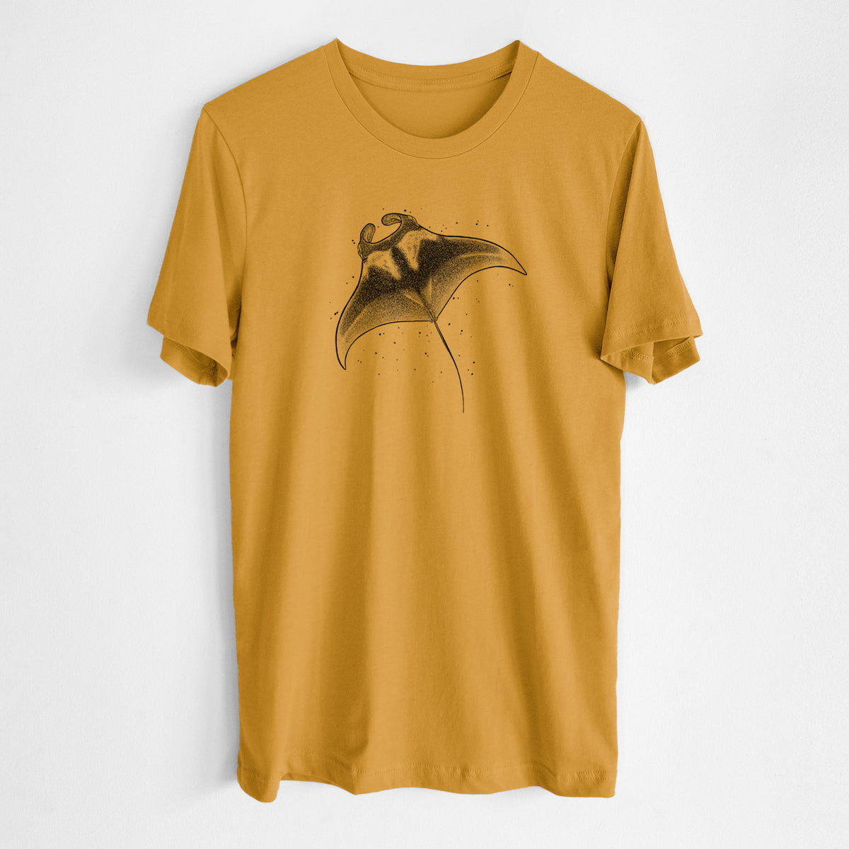 Honeycomb yellow lightweight cotton t-shirt laid flat, printed with a black ink illustration of a manta ray gliding.