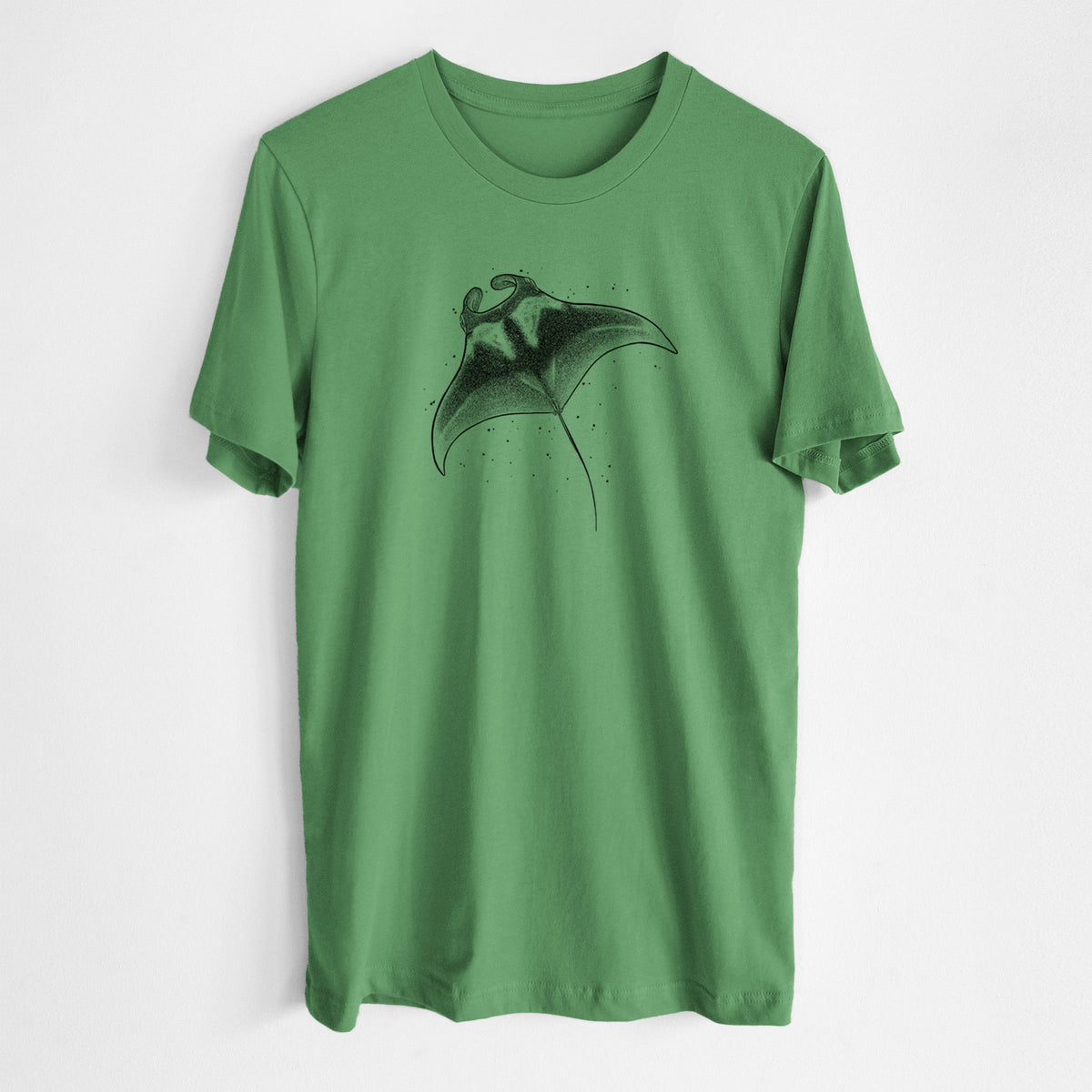 Leaf green lightweight cotton t-shirt laid flat, printed with a black ink illustration of a manta ray gliding.