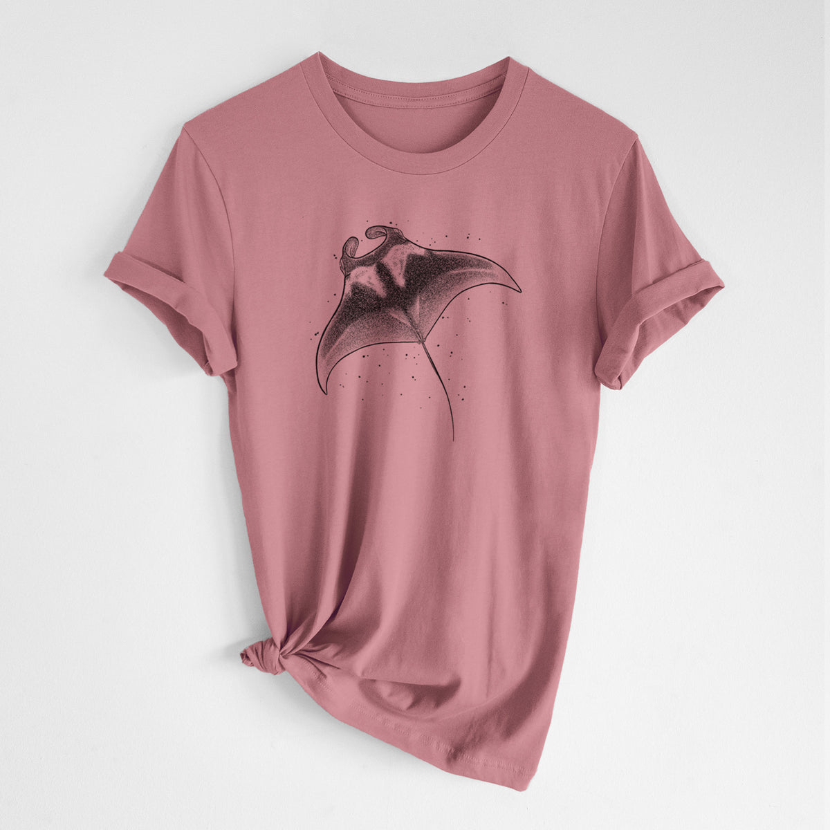 Mauve pink lightweight cotton t-shirt laid flat with the sleeves rolled, printed with a black ink illustration of a manta ray gliding.