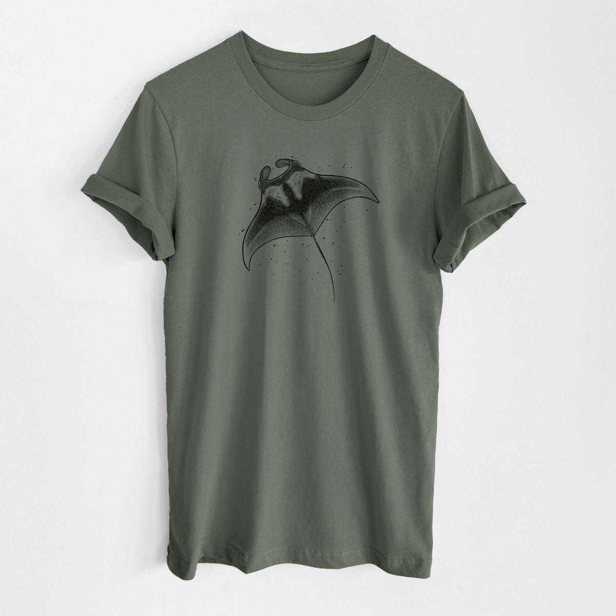 Military green lightweight cotton t-shirt laid flat, printed with a black ink illustration of a manta ray gliding.
