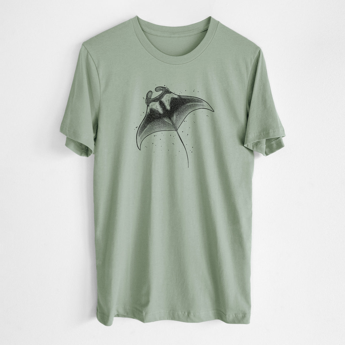 Sage green lightweight cotton t-shirt laid flat, printed with a black ink illustration of a manta ray gliding.