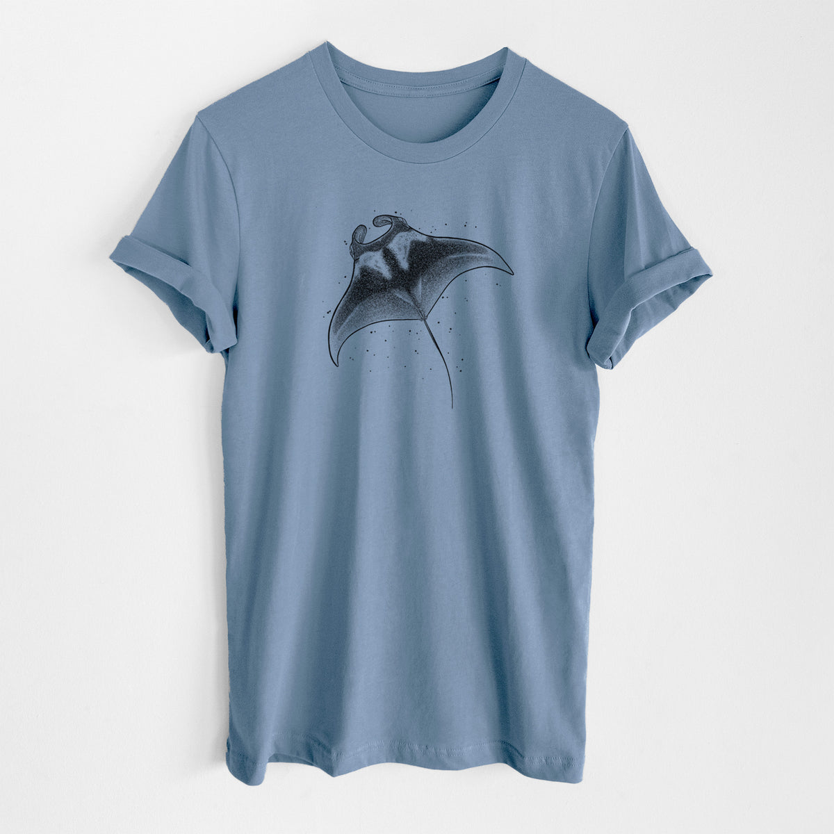 Steel blue lightweight cotton t-shirt laid flat, printed with a black ink illustration of a manta ray gliding.