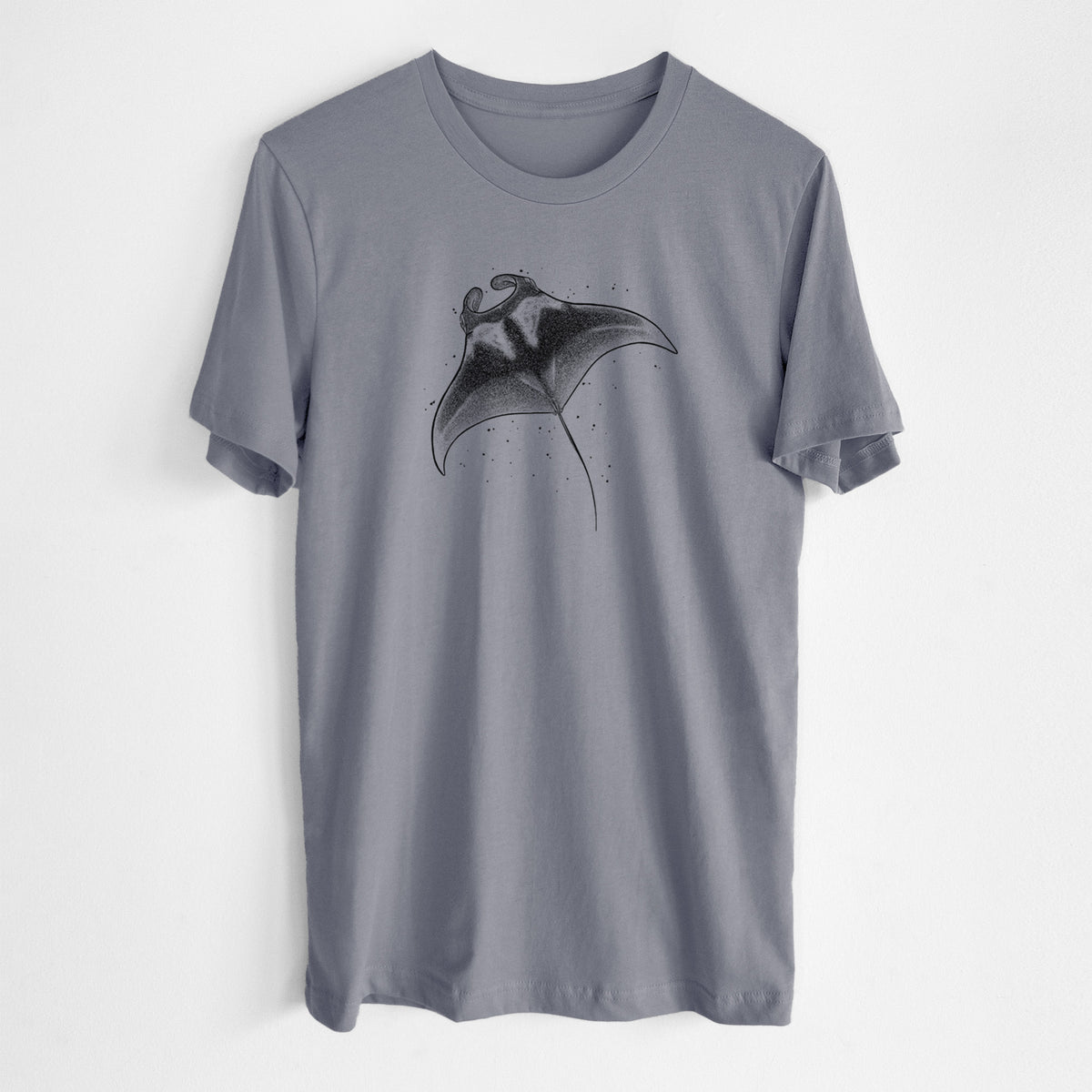 Storm grey lightweight cotton t-shirt laid flat, printed with a black ink illustration of a manta ray gliding.