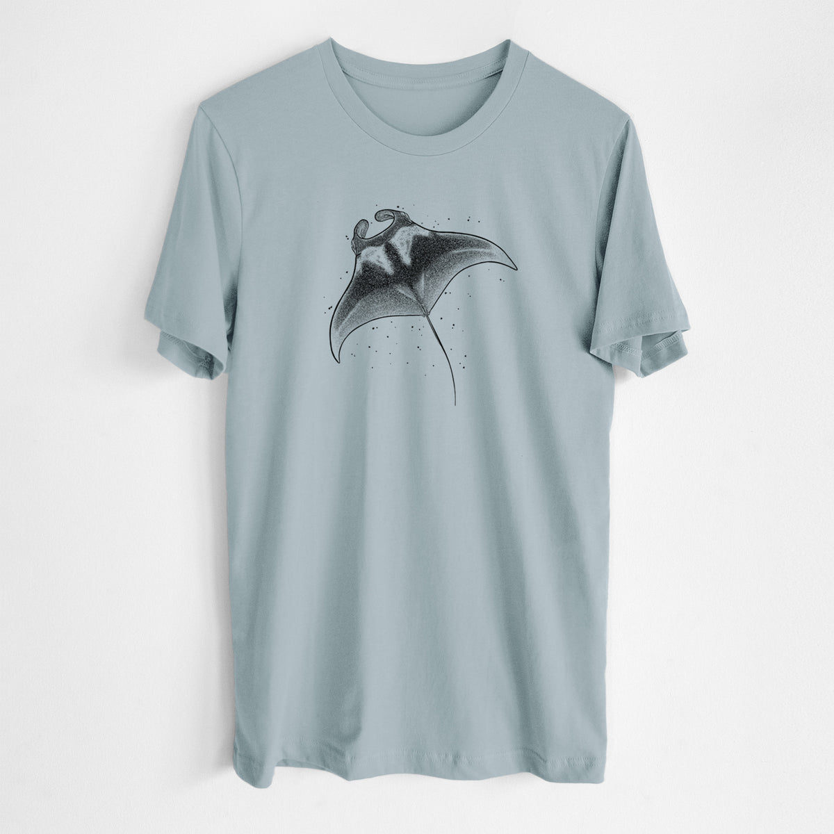 Vintage denim lightweight cotton t-shirt laid flat, printed with a black ink illustration of a manta ray gliding.