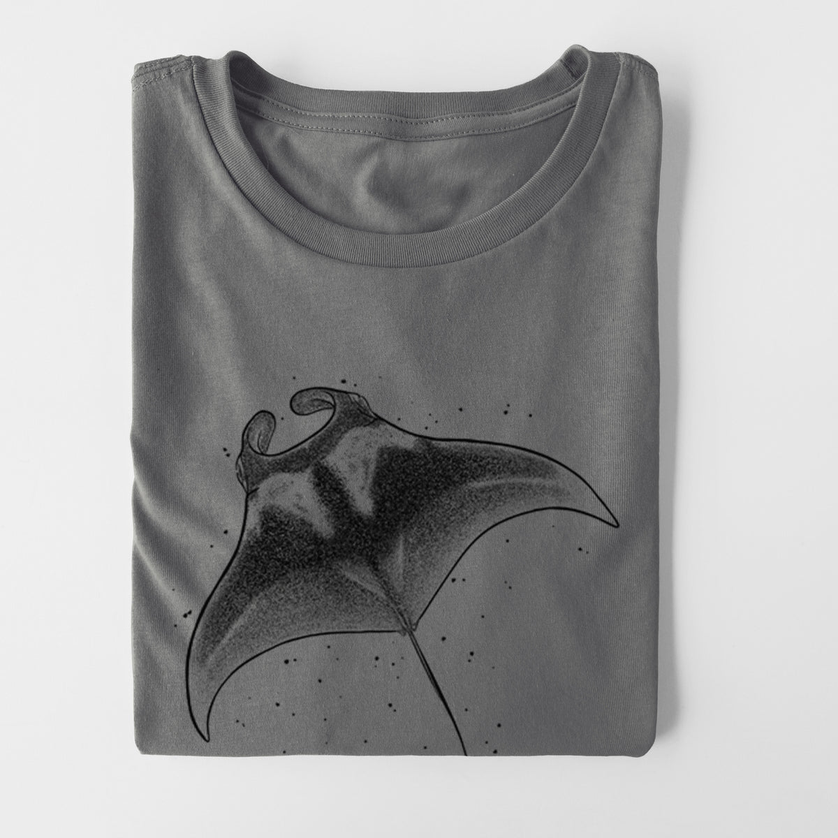 Asphalt women's relaxed fit cotton t-shirt printed with a black ink illustration of a manta ray gliding.