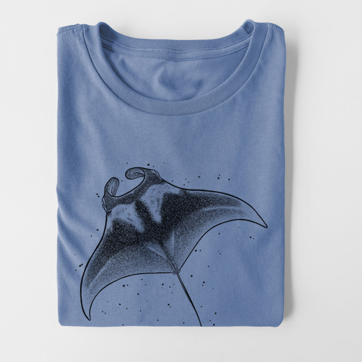 Blue bell women's relaxed fit cotton t-shirt printed with a black ink illustration of a manta ray gliding.