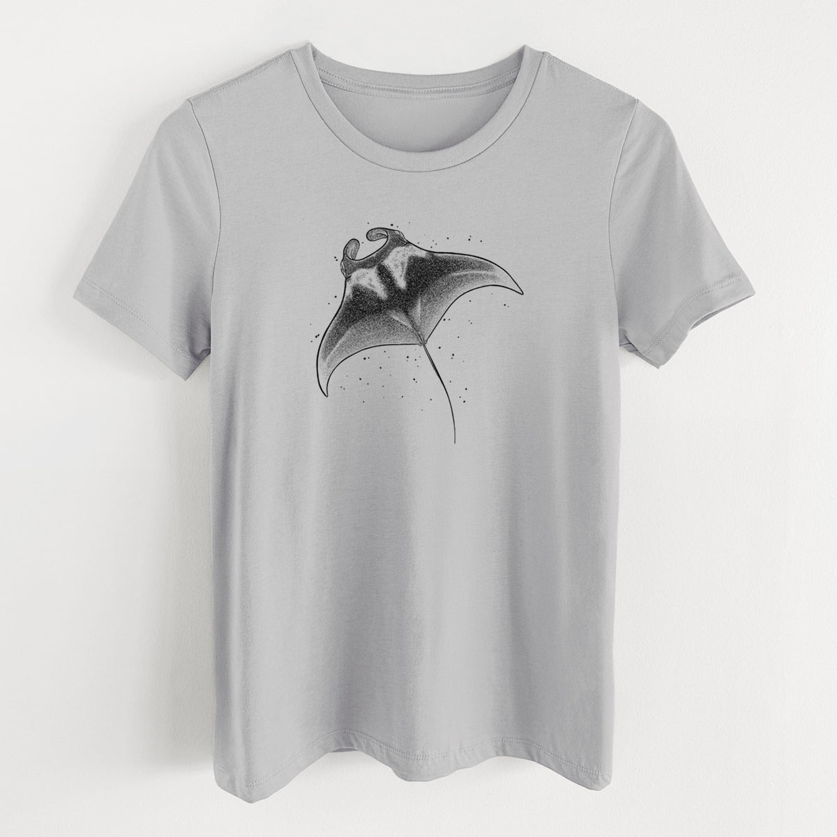 Lunar grey women's relaxed fit cotton t-shirt laid flat, printed with a black ink illustration of a manta ray gliding.