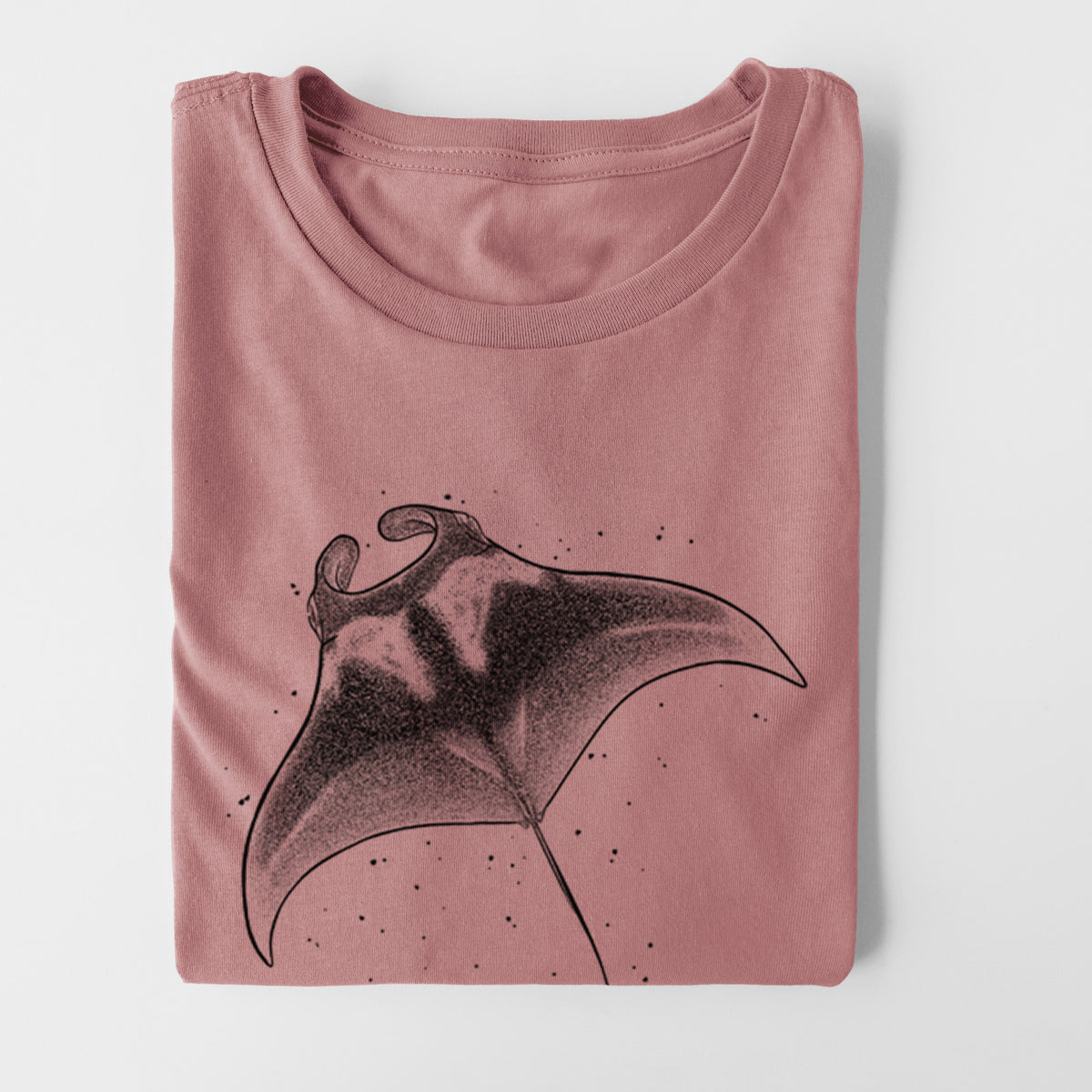 Mauve pink women's relaxed fit cotton t-shirt printed with a black ink illustration of a manta ray gliding.