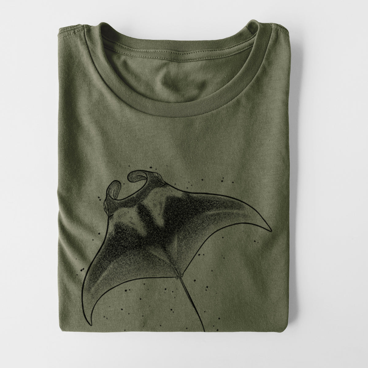 Military green women's relaxed fit cotton t-shirt printed with a black ink illustration of a manta ray gliding.