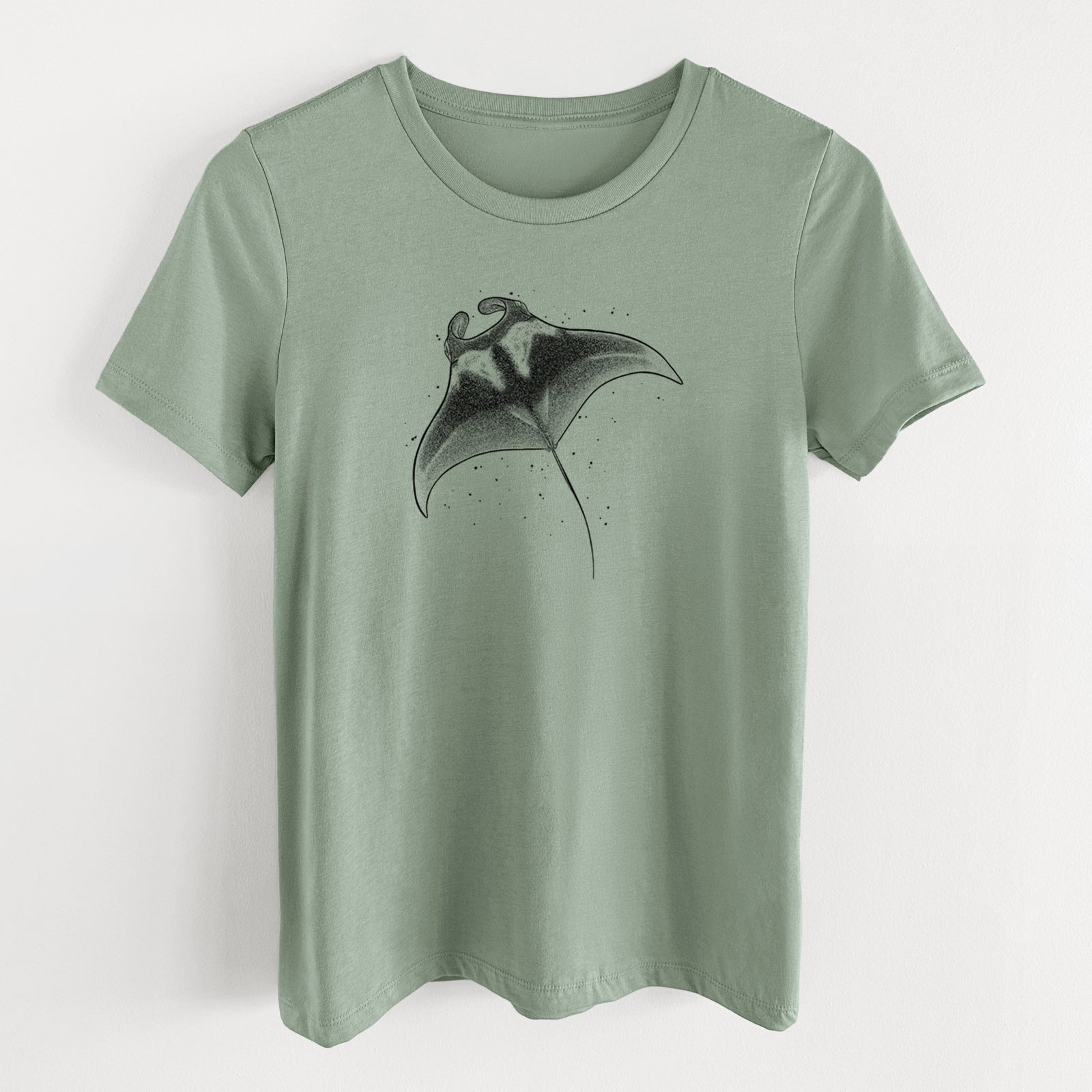 Sage green women's relaxed fit cotton t-shirt laid flat, printed with a black ink illustration of a manta ray gliding.