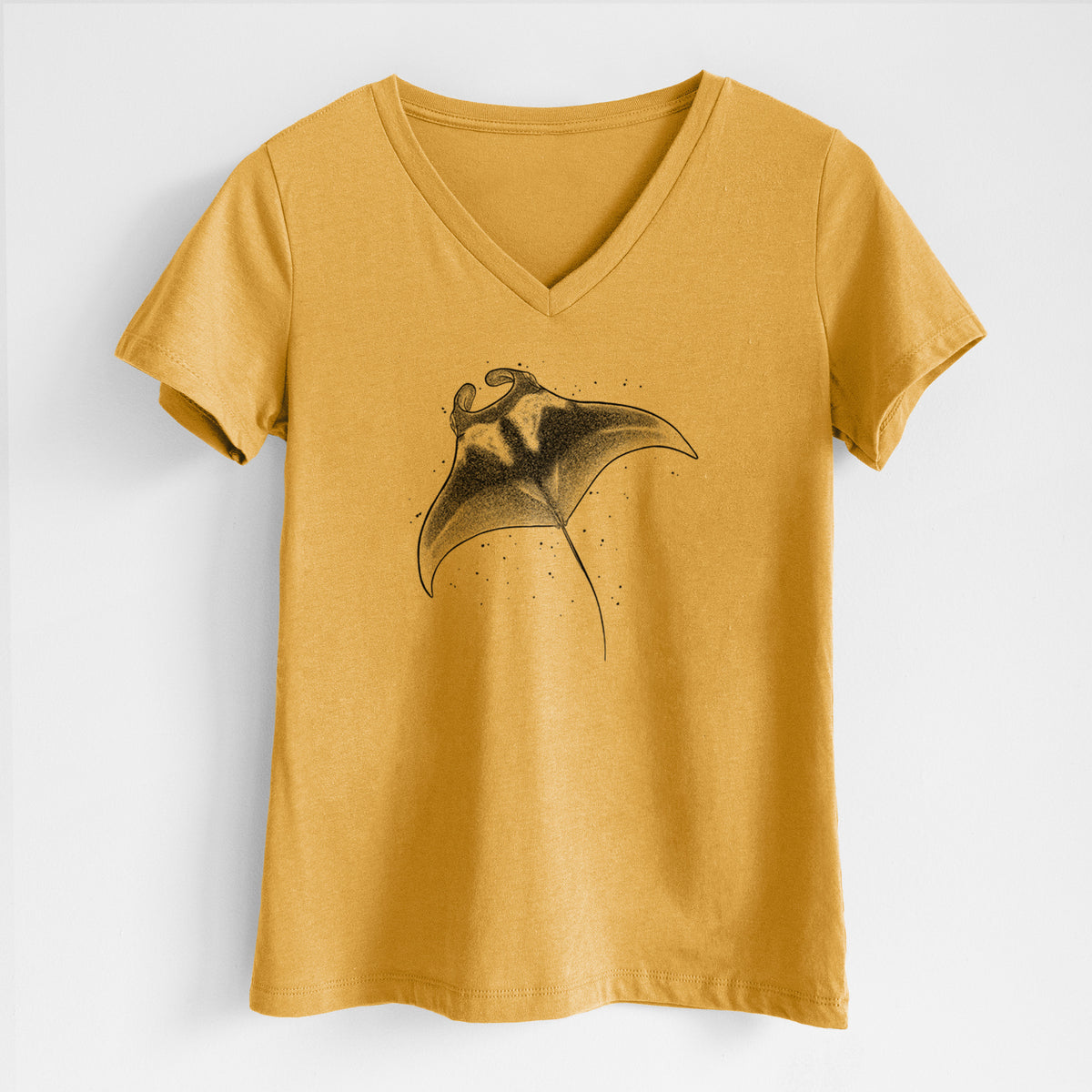 Honeycomb yellow women's relaxed fit cotton V-neck t-shirt laid flat, printed with a black ink illustration of a manta ray gliding.