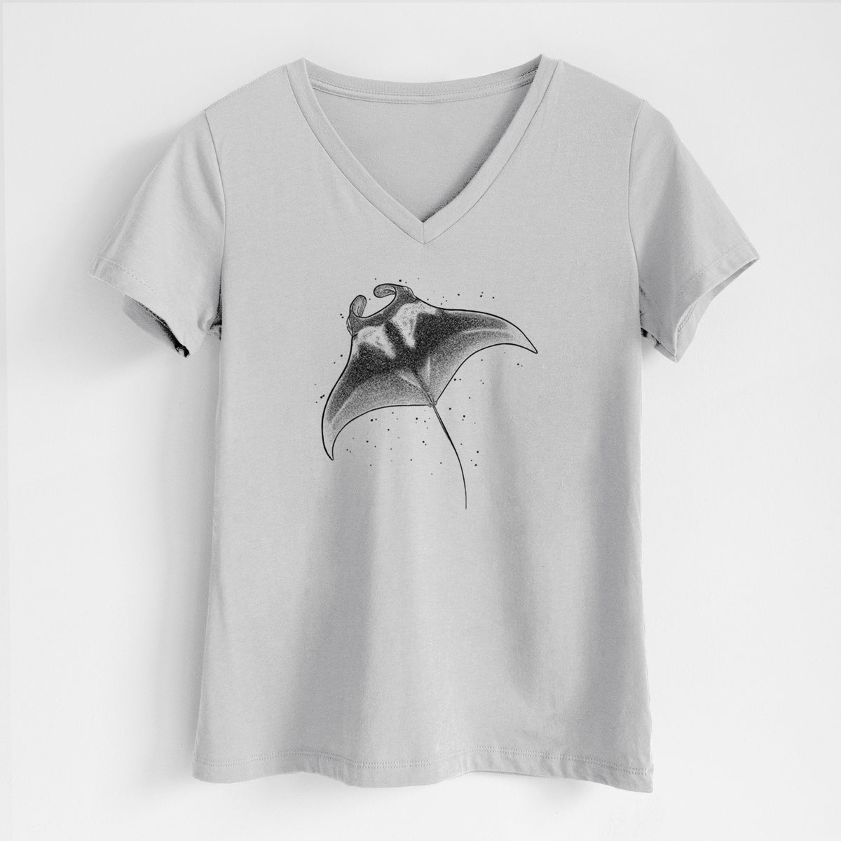 Lunar grey women's relaxed fit cotton V-neck t-shirt laid flat, printed with a black ink illustration of a manta ray gliding.