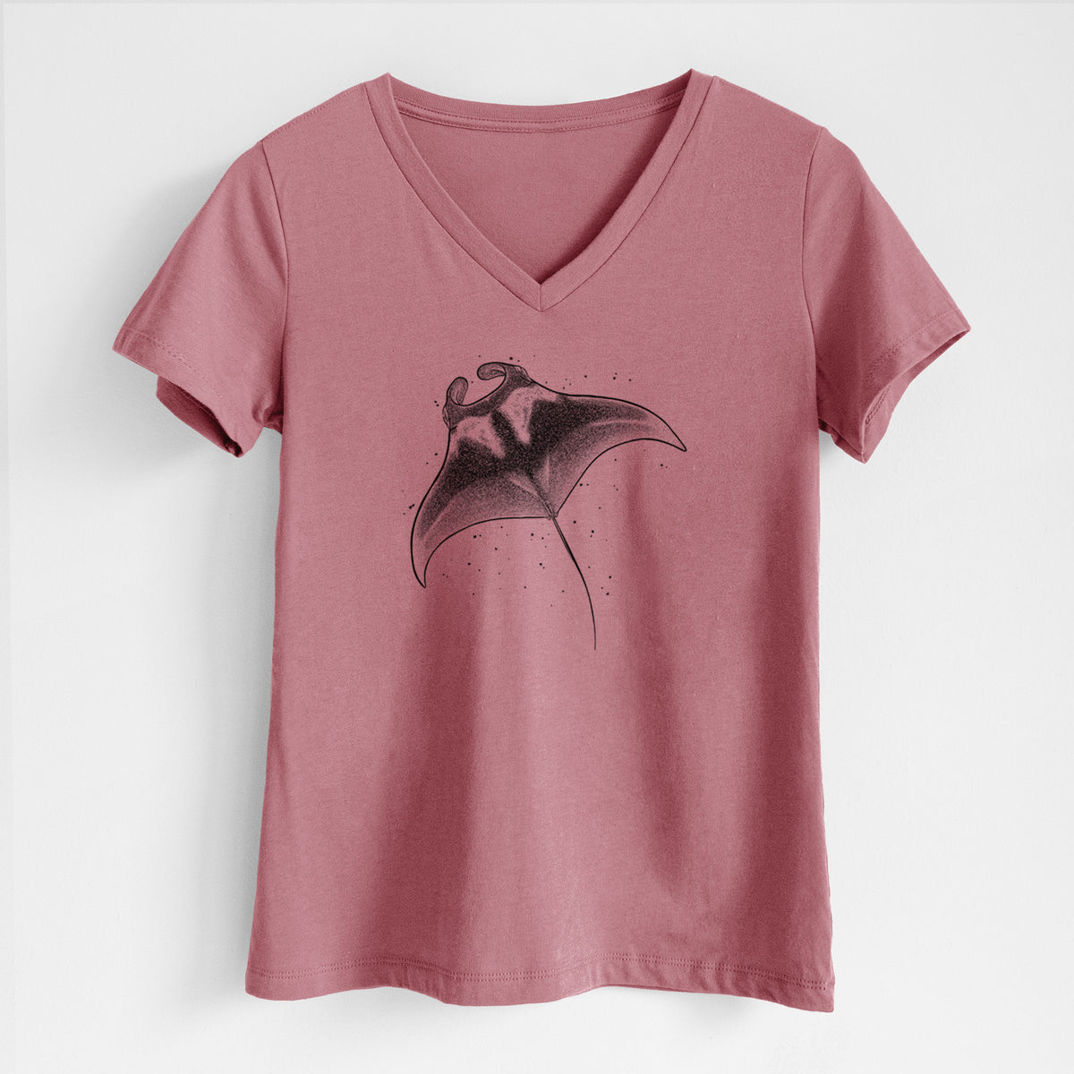 Mauve pink women's relaxed fit cotton V-neck t-shirt laid flat, printed with a black ink illustration of a manta ray gliding.