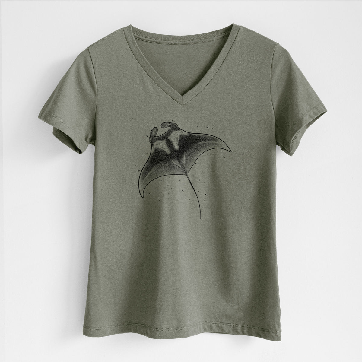 Military green women's relaxed fit cotton V-neck t-shirt laid flat, printed with a black ink illustration of a manta ray gliding.